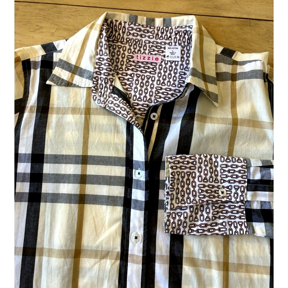 Tizzie Button Down Shirt Plaid Stripe Chains Flip Cuffs Preppy Modern Luxury L